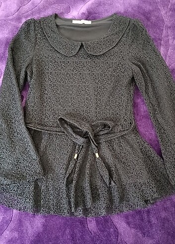 Siyah gupurlu üst bebe yaka kemerli bayram  bluz - Görsel 2