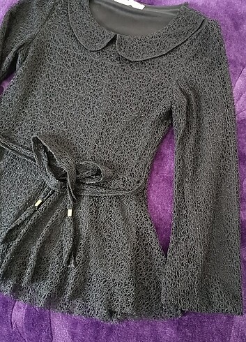 Siyah gupurlu üst bebe yaka kemerli bayram  bluz - Görsel 3