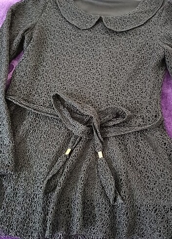 Siyah gupurlu üst bebe yaka kemerli bayram  bluz - Görsel 6