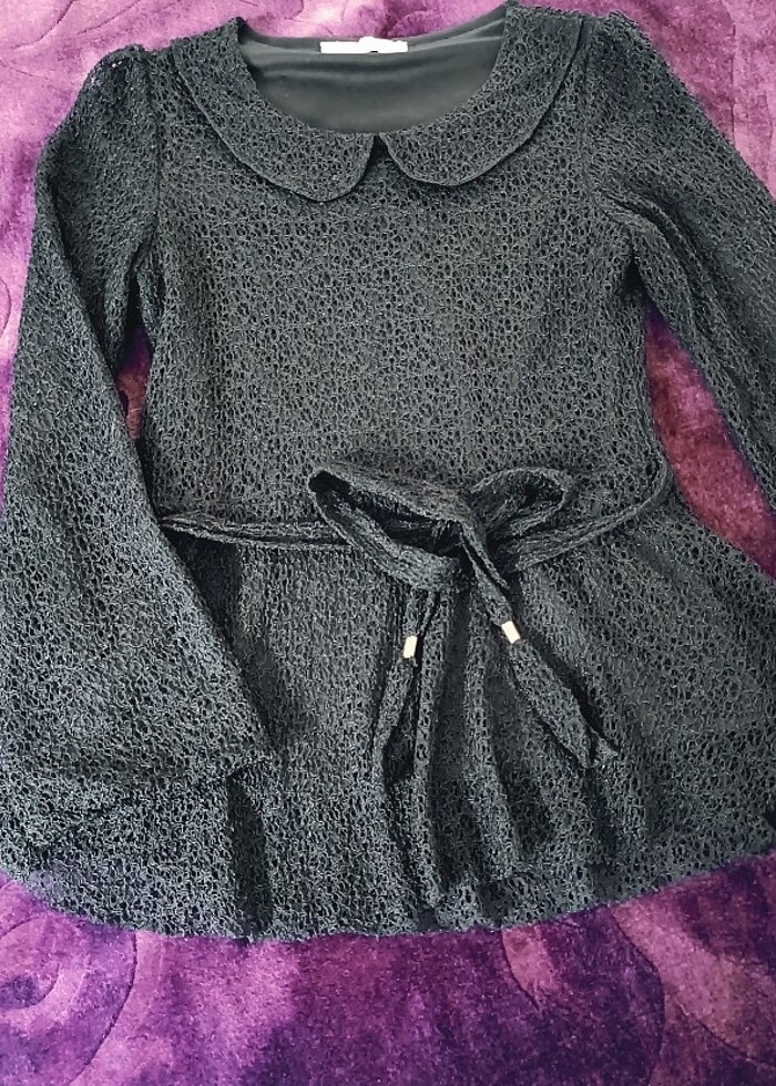 Siyah gupurlu üst bebe yaka kemerli bayram  bluz - Görsel 4