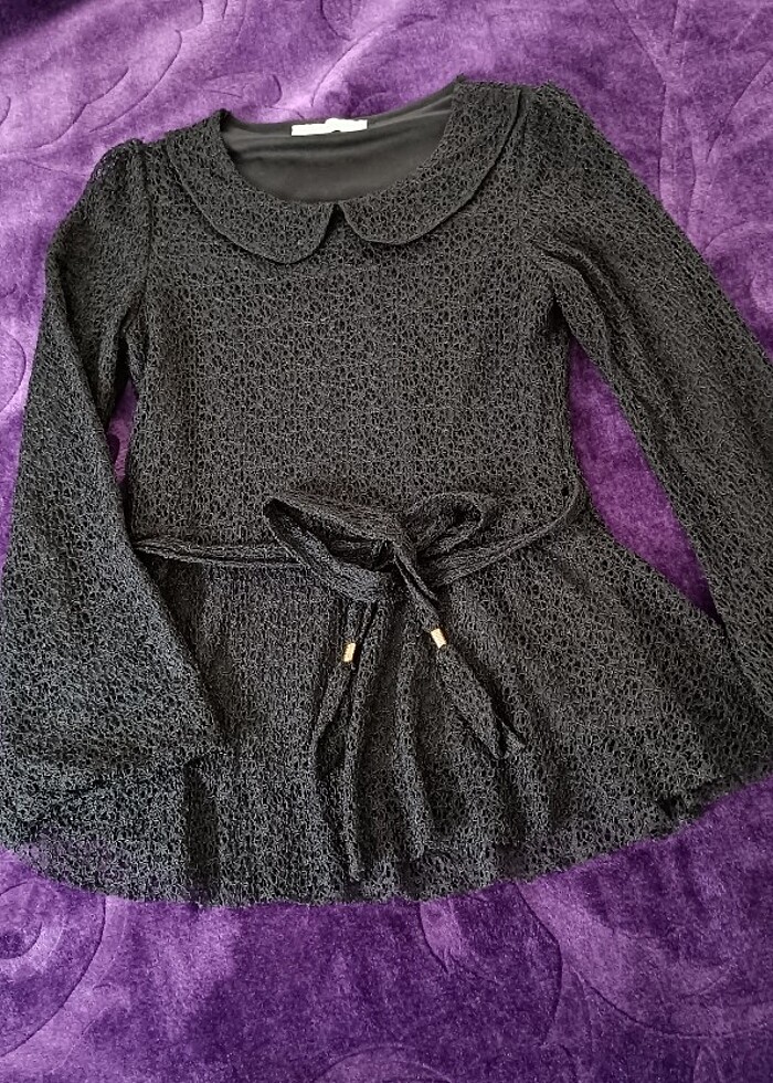 Siyah gupurlu üst bebe yaka kemerli bayram  bluz - Görsel 5