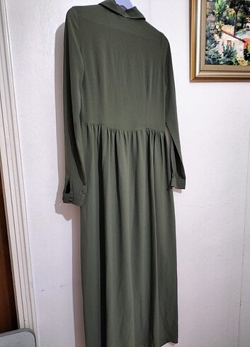 Haki elbise düğme pile yaka uzun tesettür - Görsel 2