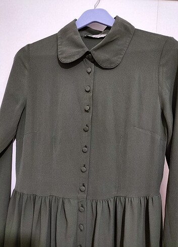 Haki elbise düğme pile yaka uzun tesettür - Görsel 5