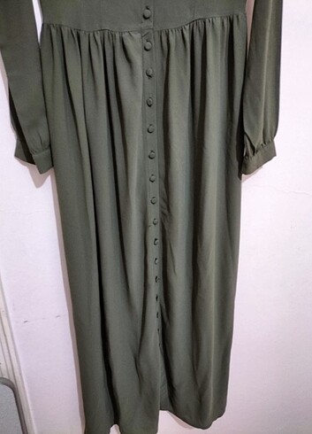 Haki elbise düğme pile yaka uzun tesettür - Görsel 6