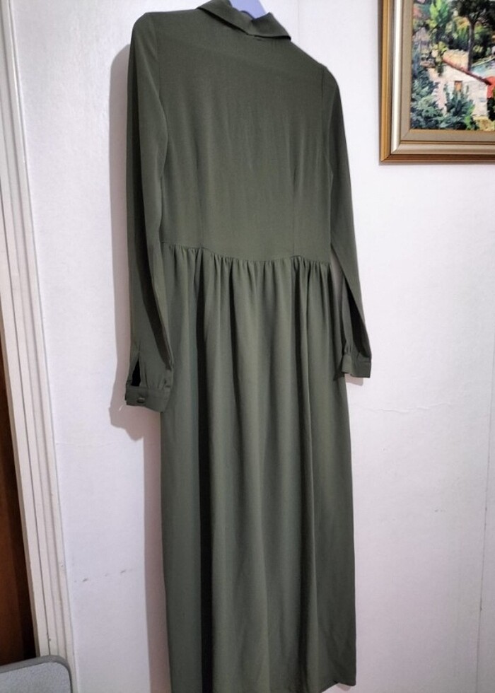 Haki elbise düğme pile yaka uzun tesettür - Görsel 2