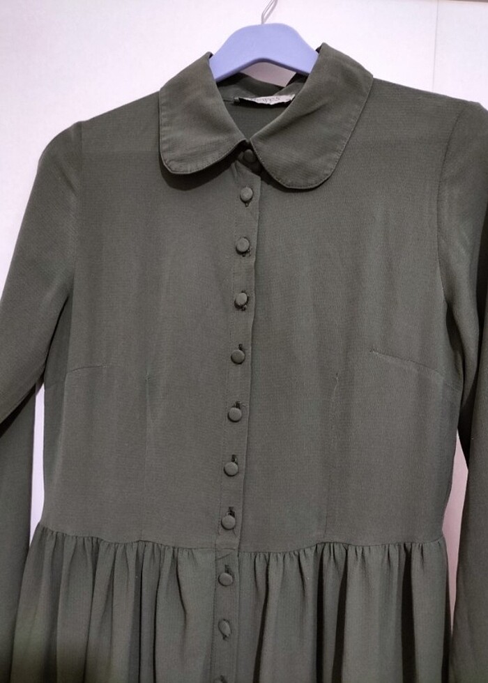 Haki elbise düğme pile yaka uzun tesettür - Görsel 5