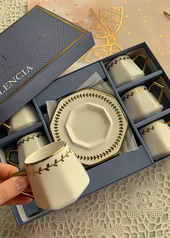 Altıgen Beyaz Porselen Kahve Fincan Seti markası paçi - Görsel 3