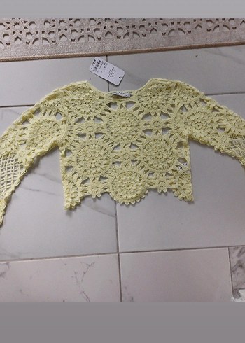 Teryağı Sarısı Crop/ Ajurlu Crop Bluz Kazak