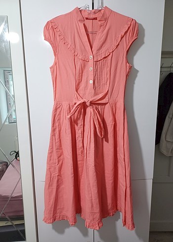 Pembe Keten Midi Elbise, Fırfırlı, Kolsuz