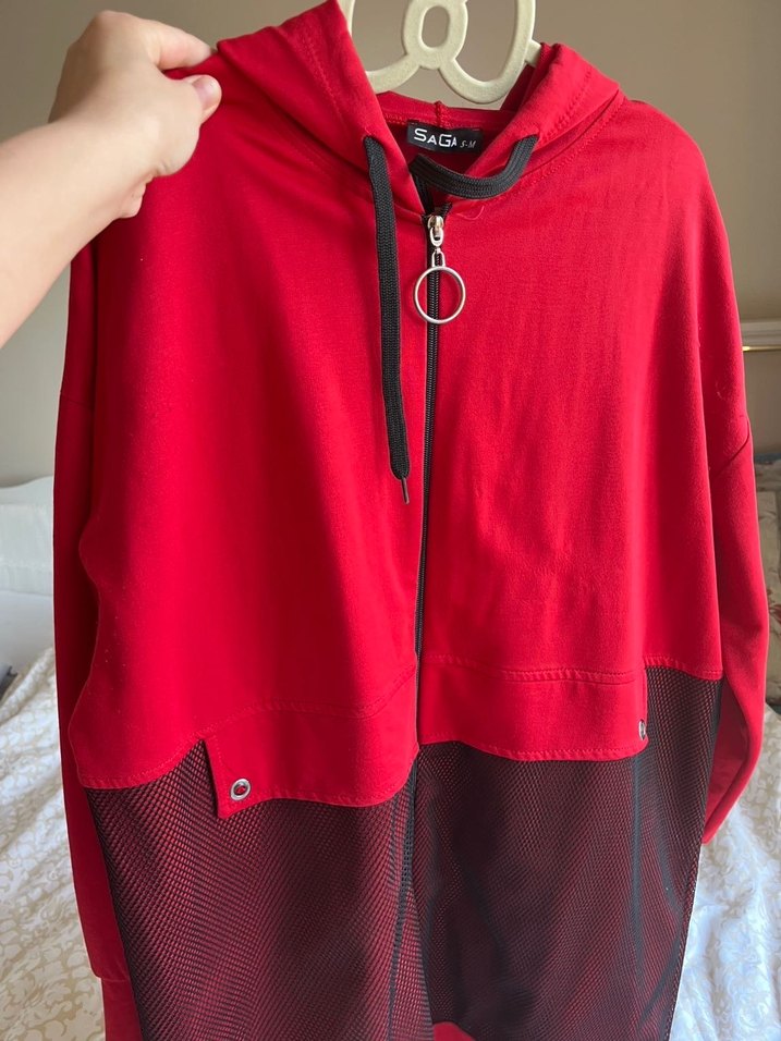 Kırmızı Mini Fermuarlı Kadın Sweatshirt - Görsel 2