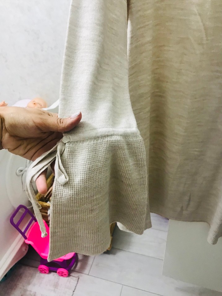 Bej Uzun Kollu Triko Elbise - Görsel 3