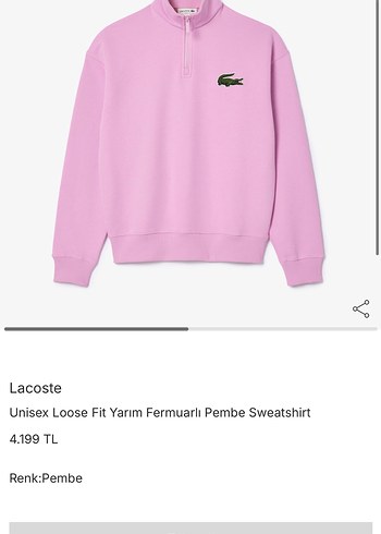 Lacoste Pembe Yarim Fermuarli Sweatshirt
