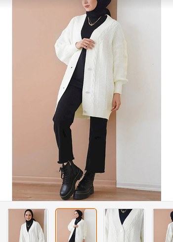 Beyaz Örgü V Yaka Midi Hırka - Görsel 2