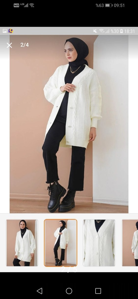 Beyaz Örgü V Yaka Midi Hırka - Görsel 2