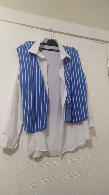 Pamuklu mavı cızgılı gömlek pantolon takımı M(38) beden - Görsel 3