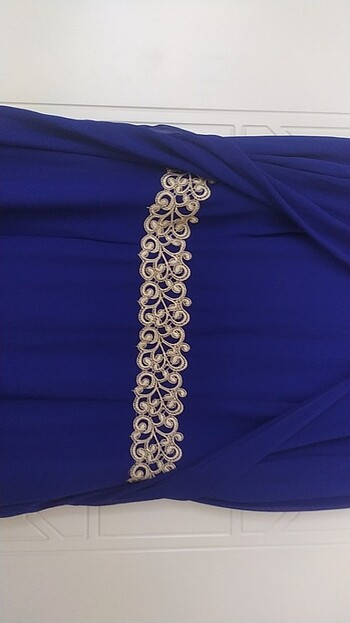 Lacivert elbise kol ve bel sarı isleme detaylı - Görsel 6