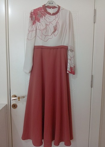 Nakışlı Boncuklu Uzun Kollu Pembe Abiye Elbise - Görsel 5