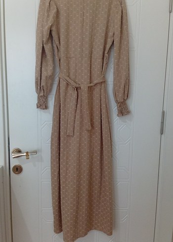 Bej Uzun Keten Uzun Kollu Elbise M Beden - Görsel 6