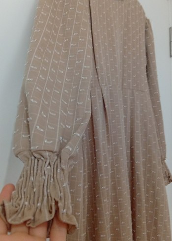 Bej Uzun Keten Uzun Kollu Elbise M Beden - Görsel 2