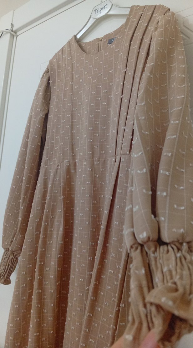 Bej Uzun Keten Uzun Kollu Elbise M Beden - Görsel 4