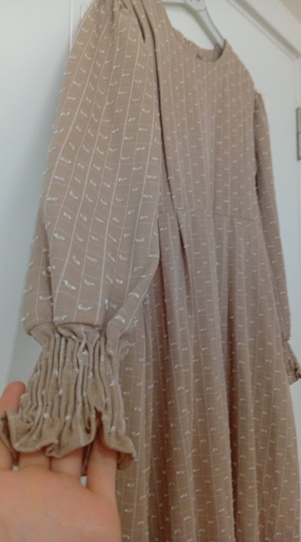 Bej Uzun Keten Uzun Kollu Elbise M Beden - Görsel 2