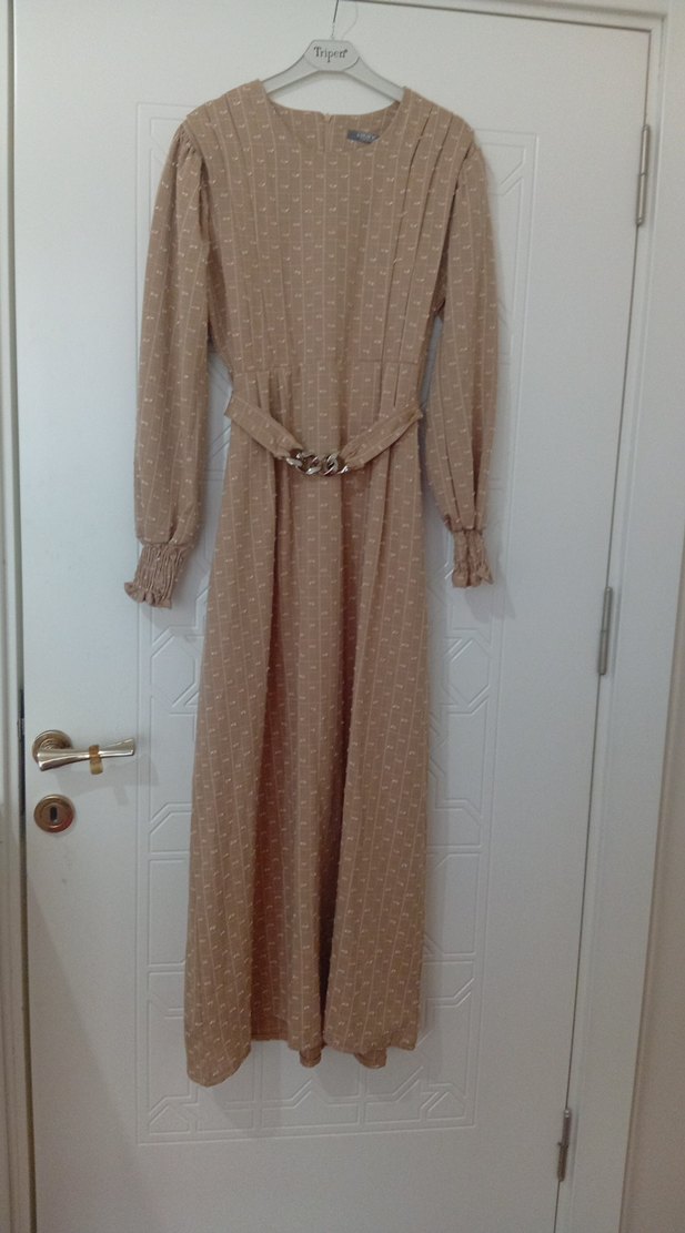 Bej Uzun Keten Uzun Kollu Elbise M Beden - Görsel 5
