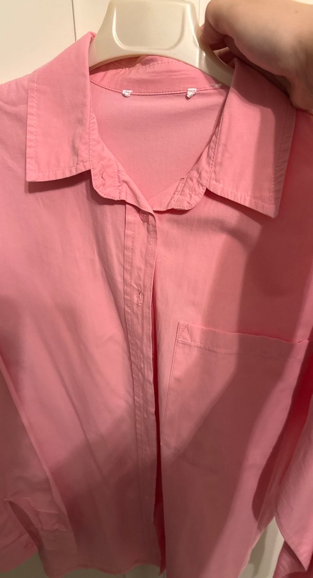 Pembe Düğmeli Uzun Kollu Pamuk Gömlek - Görsel 3