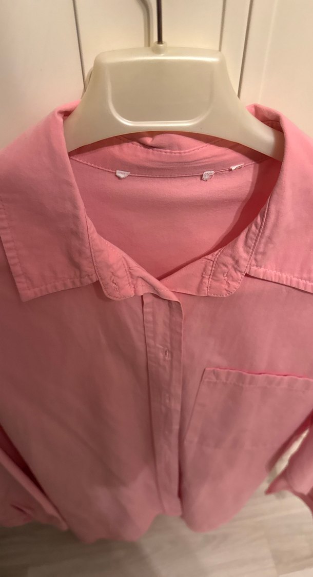 Pembe Düğmeli Uzun Kollu Pamuk Gömlek - Görsel 4