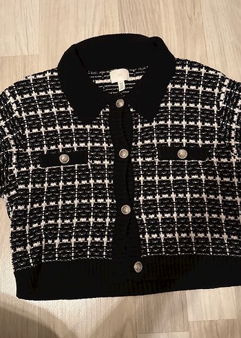 Düğmeli Siyah Kareli Kısa Kollu Kadın Hırka - Görsel 4