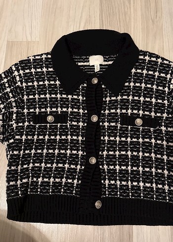 Düğmeli Siyah Kareli Kısa Kollu Kadın Hırka - Görsel 6