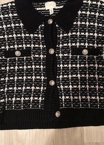 Düğmeli Siyah Kareli Kısa Kollu Kadın Hırka - Görsel 2