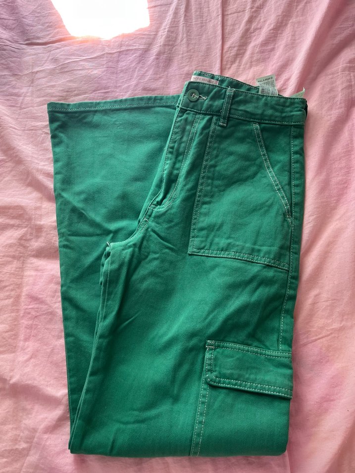 Düğmeli Yeşil Kadın  Pantolon - Görsel 5