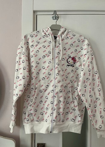 Beyaz hello kitty Kapüşonlu Fermuarlı Sweatshirt