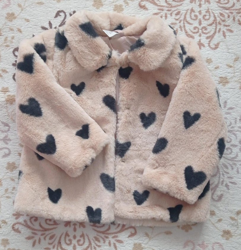 Kız Çocuk Pembe Kalp Desenli Kürklü Ceket - Görsel 2