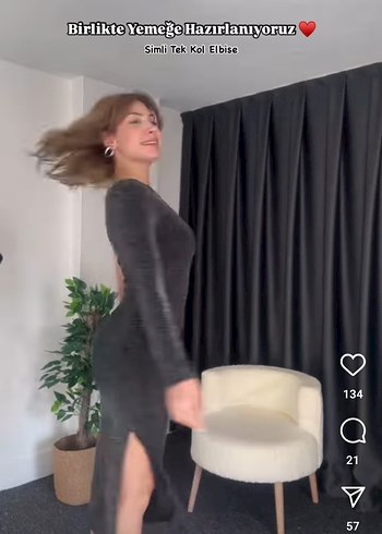 s Beden siyah Renk Simli Tek Kollu Siyah Midi Elbise