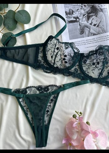 Nakışlı Yeşil Sütyen ve Külot Takımı - Görsel 2