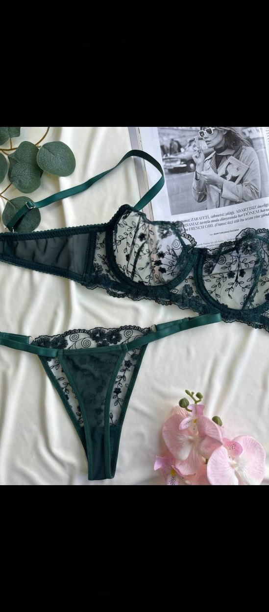 Nakışlı Yeşil Sütyen ve Külot Takımı - Görsel 2