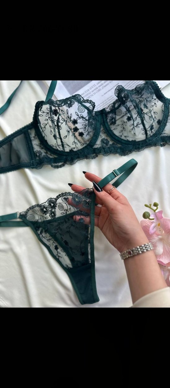 Nakışlı Yeşil Sütyen ve Külot Takımı - Görsel 5