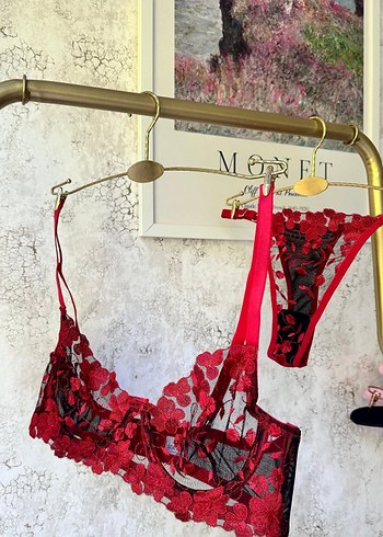 kırmızı çiçek detaylı sütyen takımı - Görsel 2