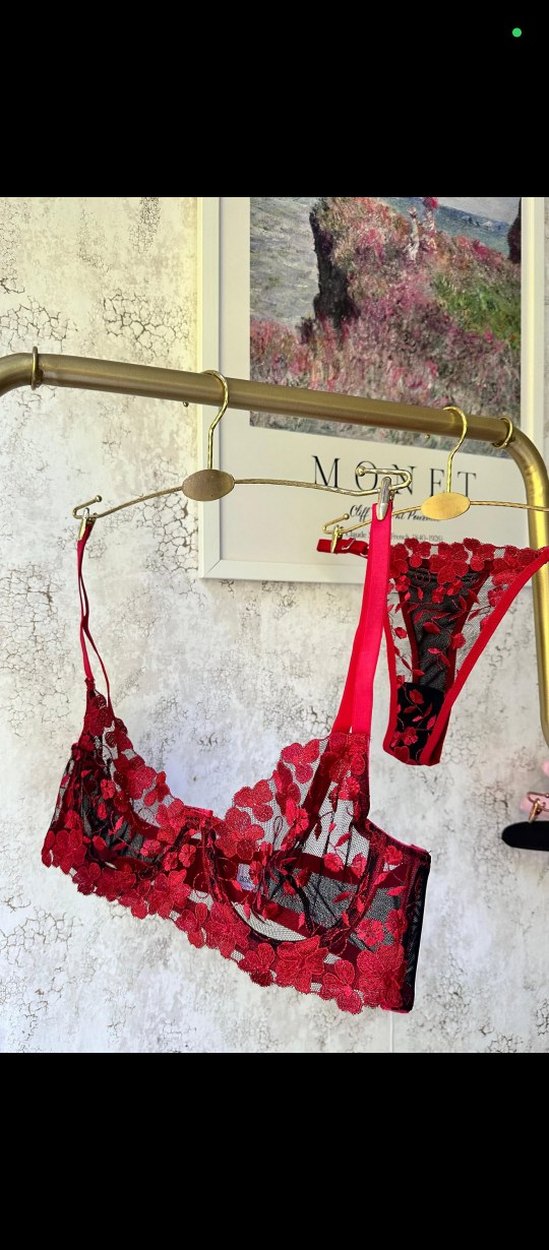 kırmızı çiçek detaylı sütyen takımı - Görsel 2