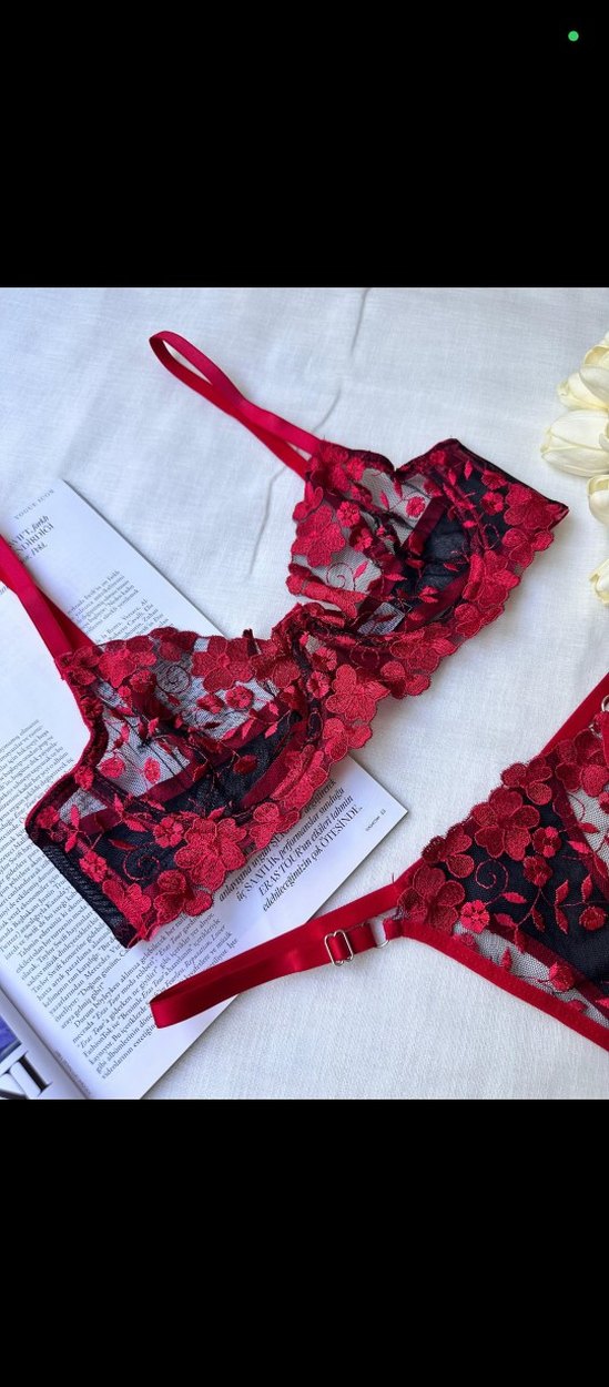 kırmızı çiçek detaylı sütyen takımı - Görsel 3