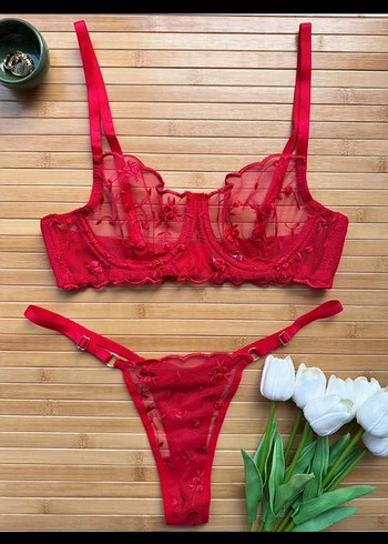 Kırmızı Nakışlı Sütyen takımı - Görsel 4