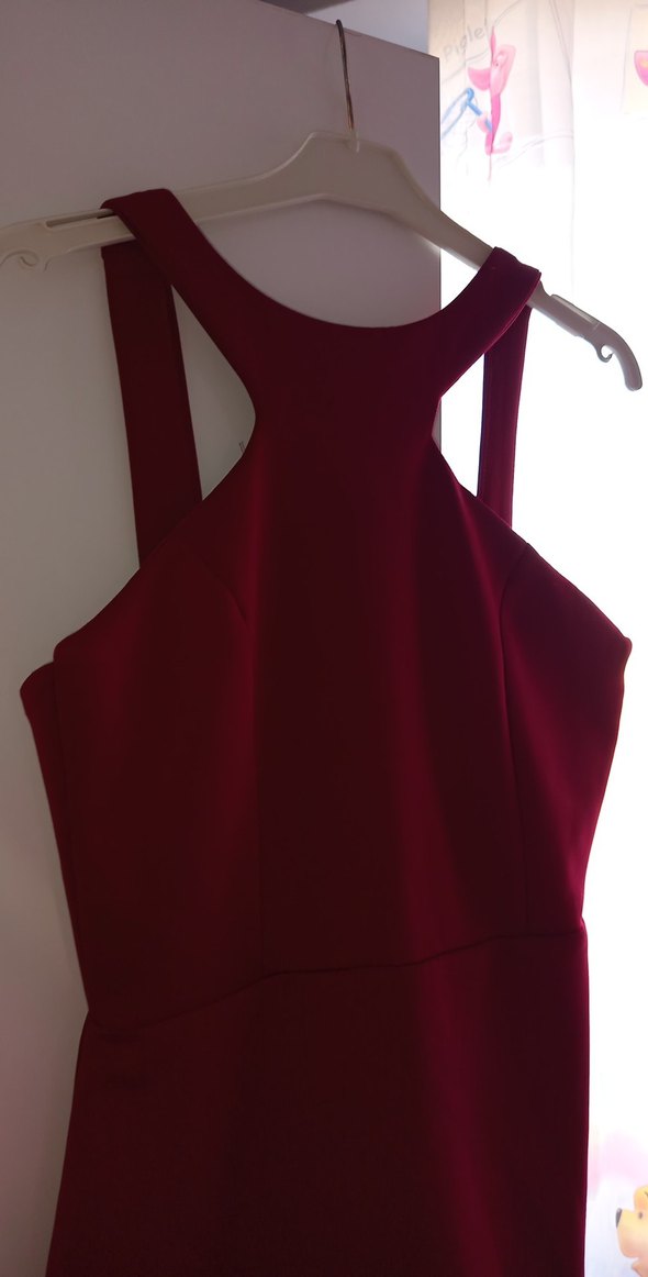 Bordo Drapeli Straplez Midi Abiye Elbise - Görsel 4