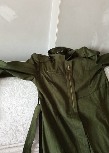 Haki Uzun Kesim Keten Kaban - Görsel 2