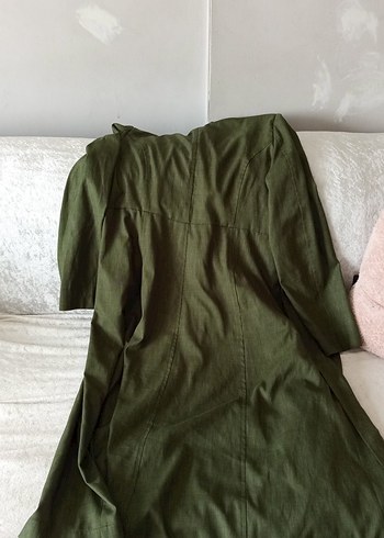 Haki Uzun Kesim Keten Kaban - Görsel 5