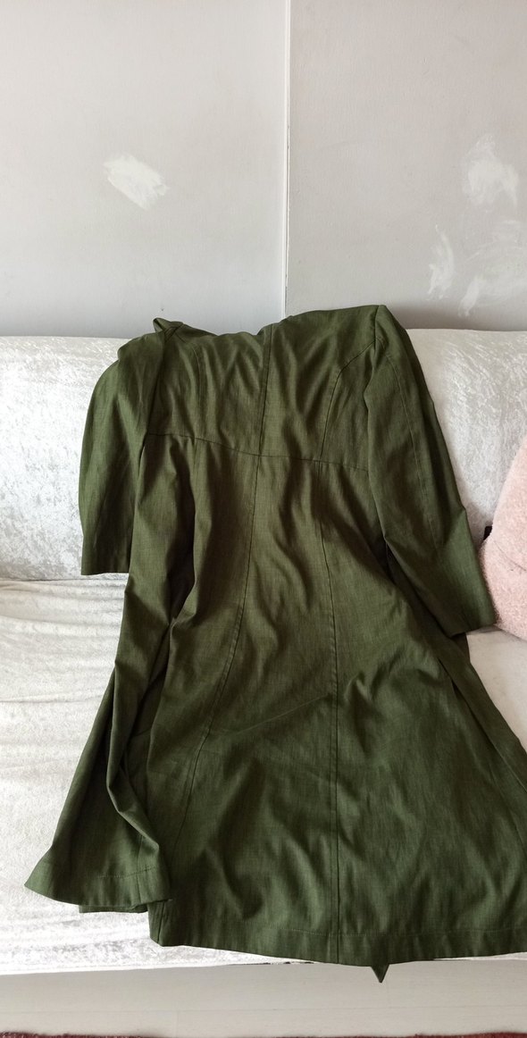 Haki Uzun Kesim Keten Kaban - Görsel 5