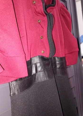 Bordo Siyah Midi Kemerli Kadın Elbise - Görsel 4