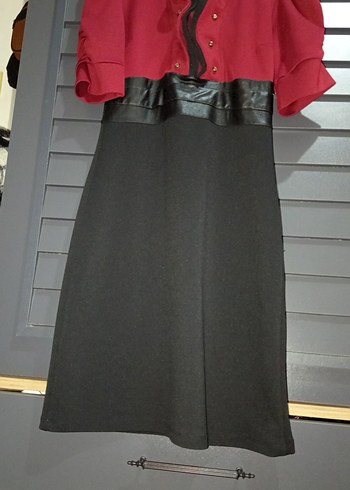 Bordo Siyah Midi Kemerli Kadın Elbise - Görsel 3