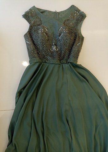 Boncuk İşlemeli Yeşil Uzun Abiye Elbise - Görsel 7