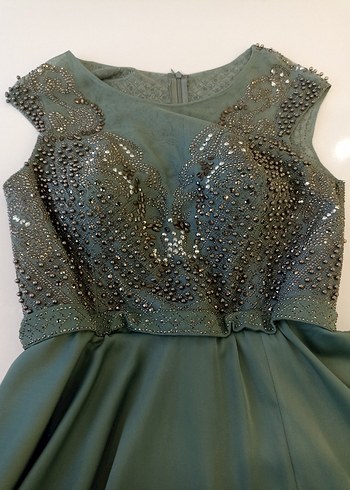 Boncuk İşlemeli Yeşil Uzun Abiye Elbise - Görsel 4